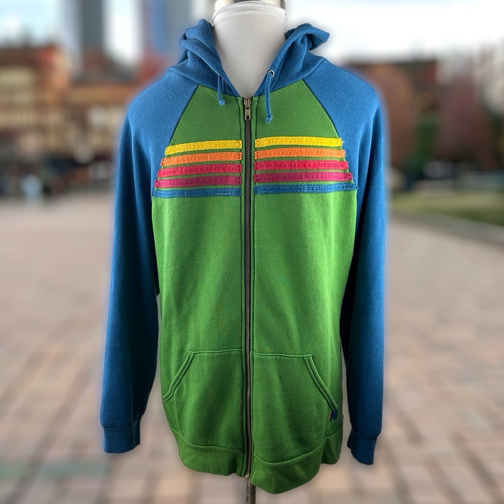 *Rare* Aviator Nation 5 Stripe Hoodie Full Zip Colorblock Jacket Green Blue XXL - Picture 1 of 15